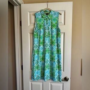 Talbots Green and Blue Sleeveless Collared Midi Dress